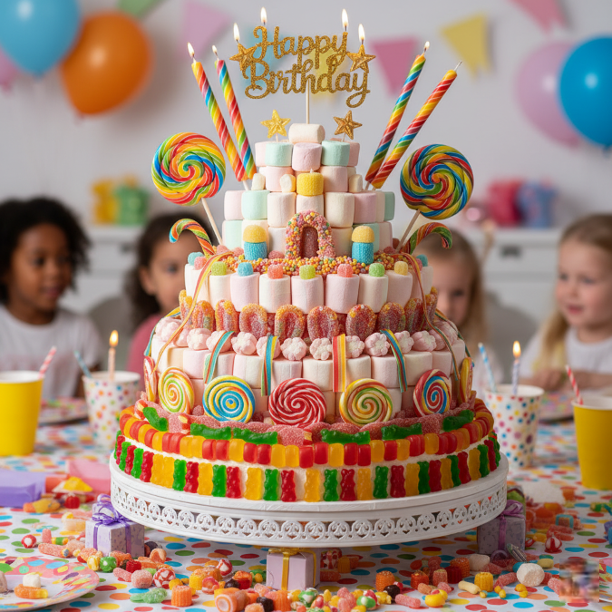 Gateau bonbon spectaculaire de plusieurs étages aux couleurs vives, décoré de guimauves, sucettes et bonbons gélifiés pour un anniversaire d'enfant.