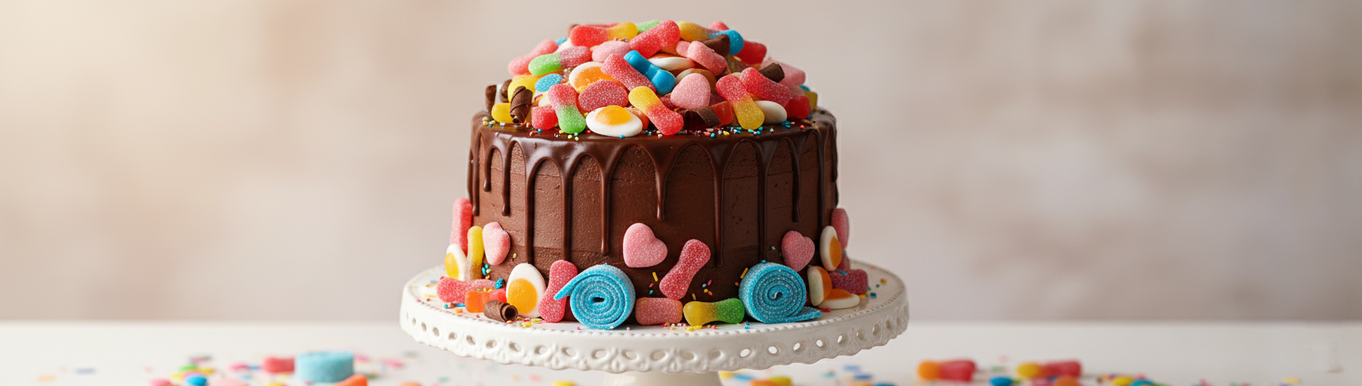 Petit gâteau au chocolat nappé de glaçage dégoulinant, décoré de bonbons gélifiés colorés et de rouleaux de bonbons fruités.